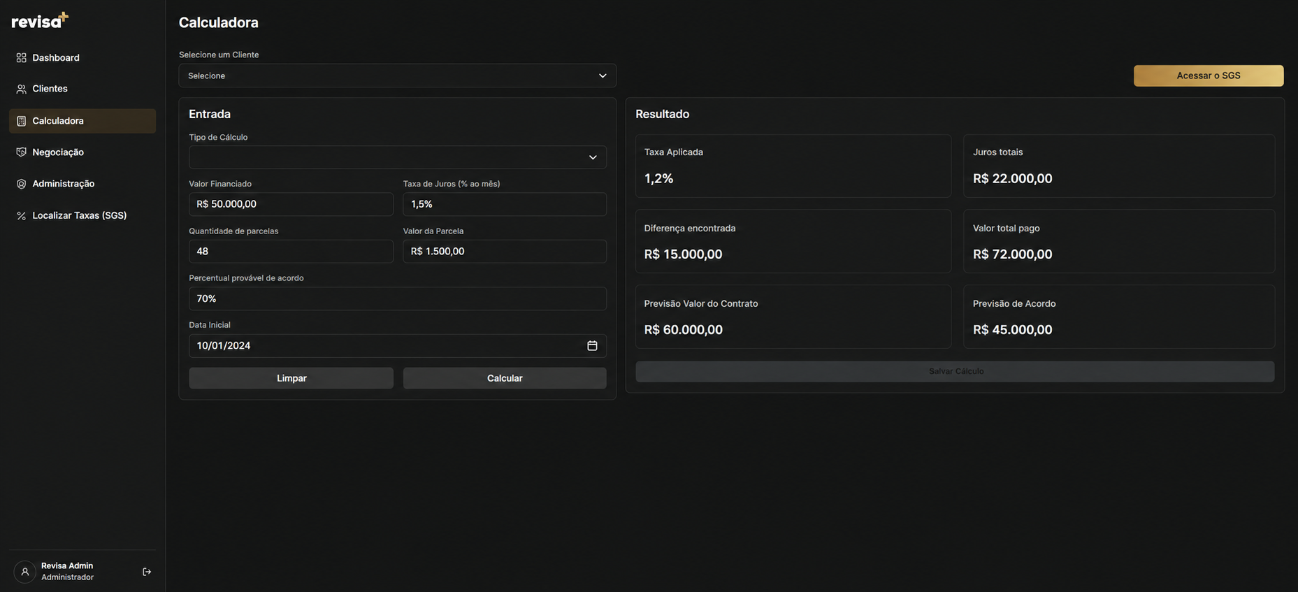 Interface Real da Calculadora Revisional Revisa+ Tech
